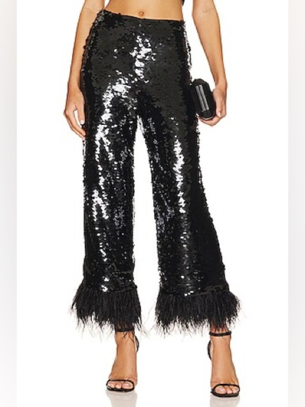Alexis black sequin pants with feathers